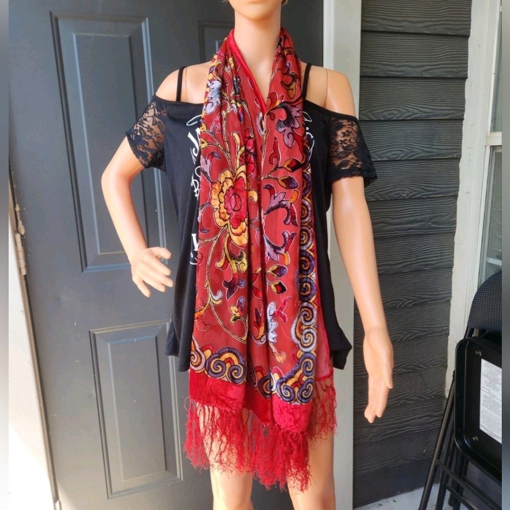 J&X NY Red Floral Silk Viscose Velvet Burnout Fringed Scarf Shawl Wrap 76x20 - Picture 7 of 16